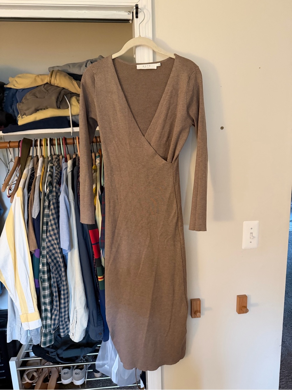 ASTR Brown Wrap-Style Knit Midi Dress